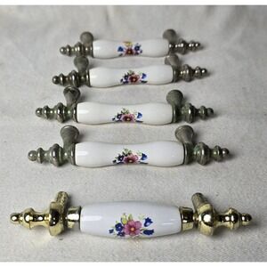 5 Amerock Allison Floral Brass White 3" Bar Cabinet Handle Drawer Pull Porcelain